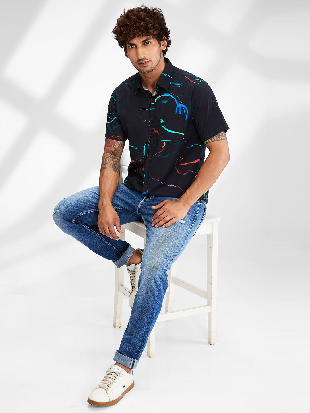 Spykar Black Half Sleeves Cotton Slim Fit Printed Shirt For Men