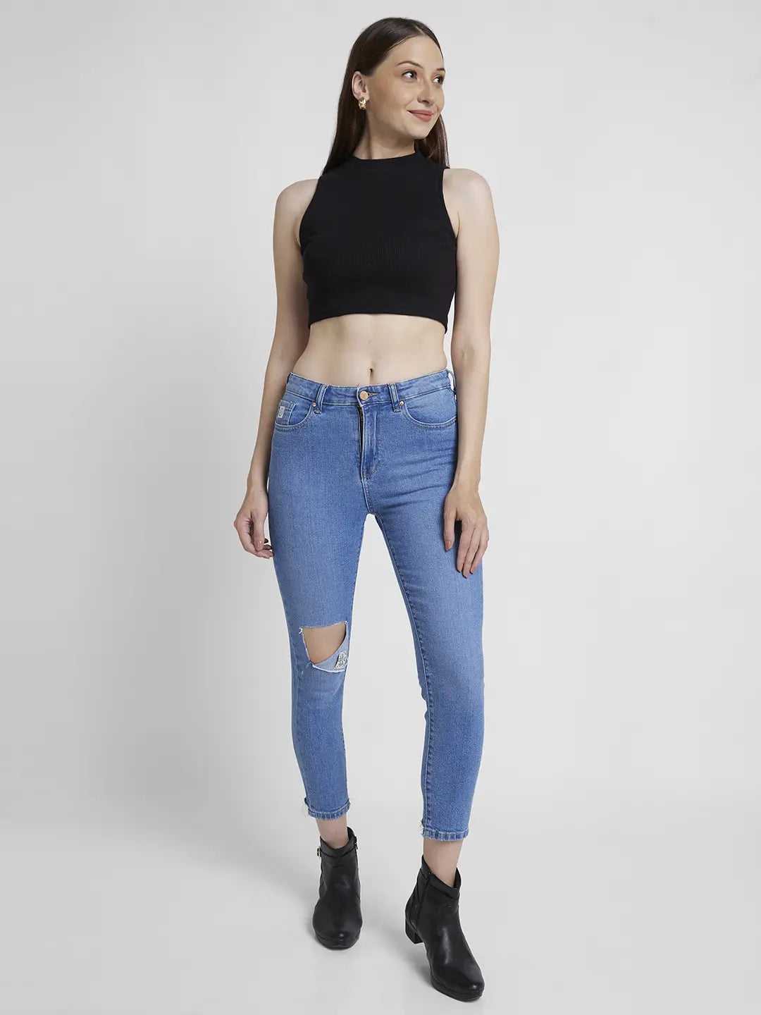 Spykar Women Light Blue Lycra Mom Fit Ankle Length Knee Slit Jeans -(Amora)