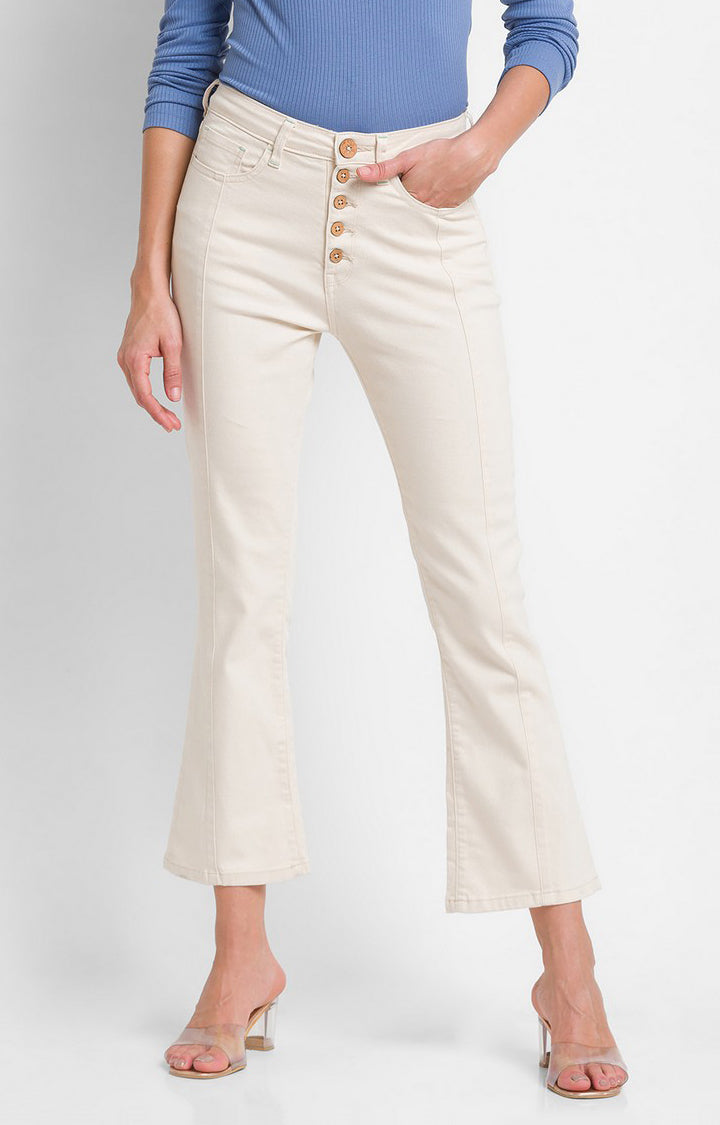 Spykar Ecru Cotton Flare Fit Ankle Length Jeans For Women (Elissa)