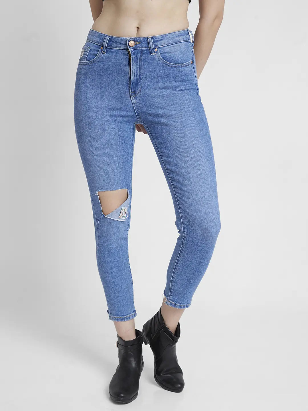 Spykar Women Light Blue Lycra Mom Fit Ankle Length Knee Slit Jeans -(Amora)