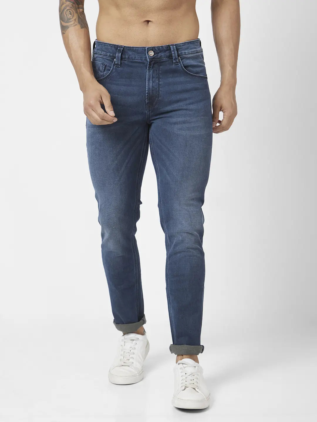 Spykar Men Dark Blue Cotton Stretch Slim Fit Narrow Length Clean Look Low Rise Jeans (Skinny)
