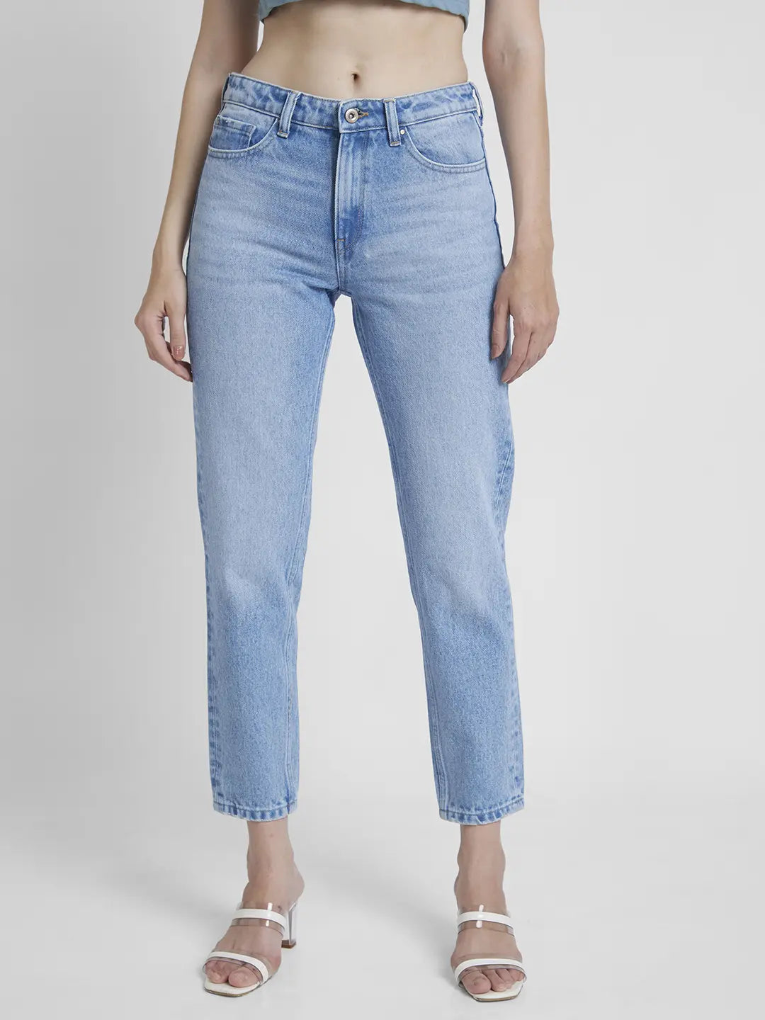 Spykar Women Light Blue Cotton Mom Fit Ankle Length Clean Look Jeans -(Amora)