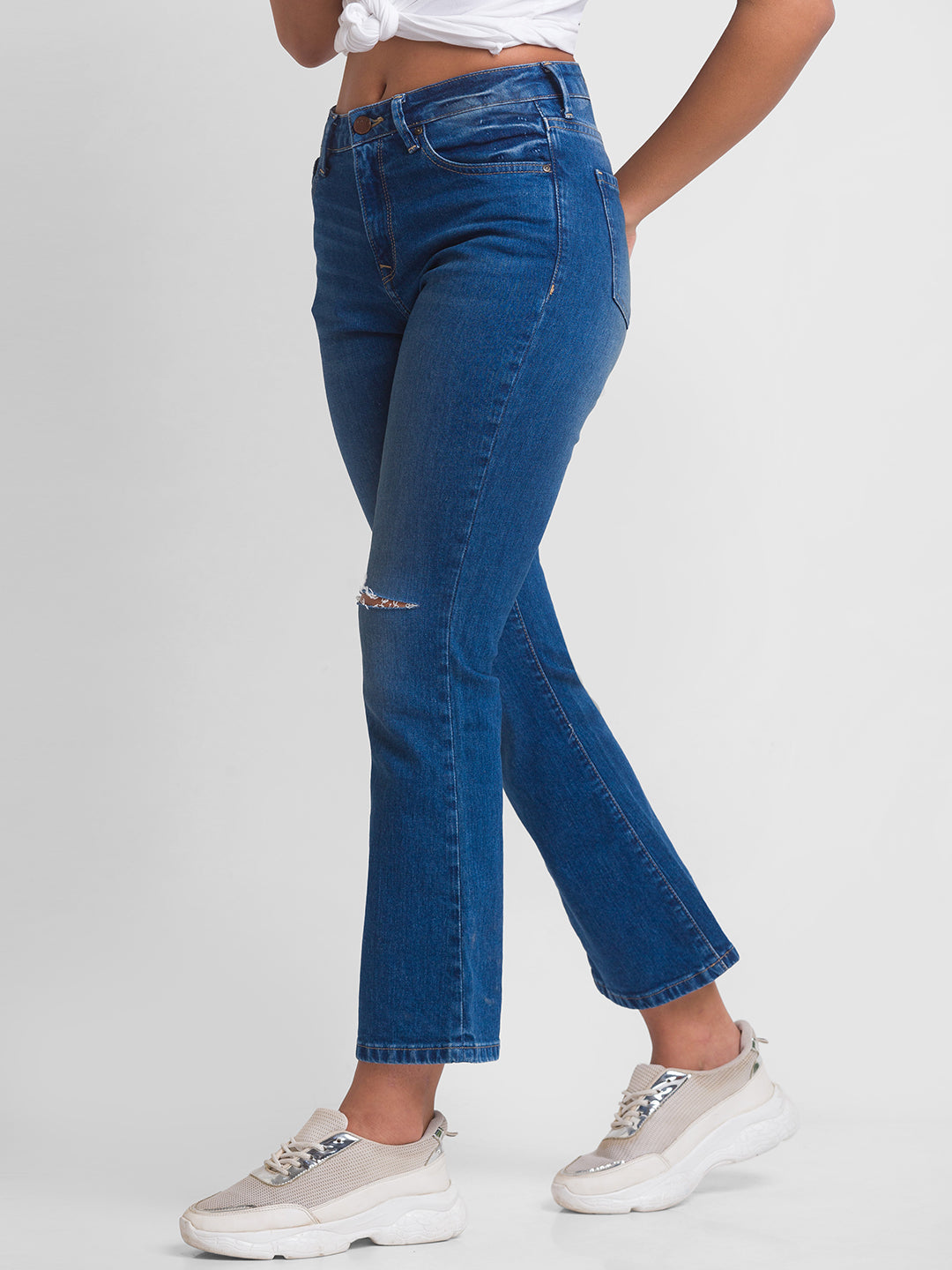 Spykar Dark Blue Lycra Flare Fit Ankle Length Jeans For Women (Elissa)